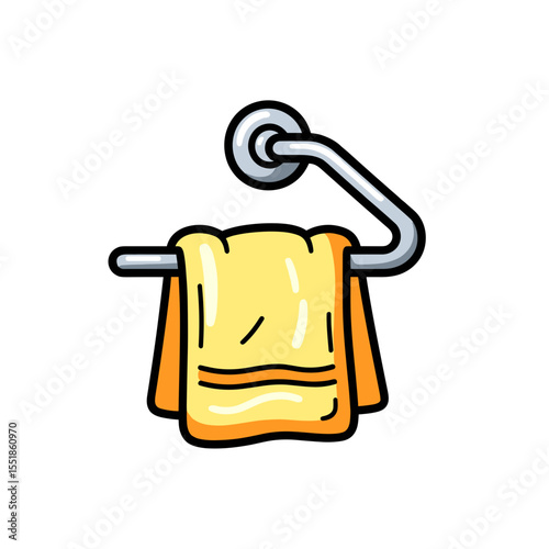 Cartoon Illustration of a Yellow Towel Hanging on a Silver Towel Rack in a Bathroom