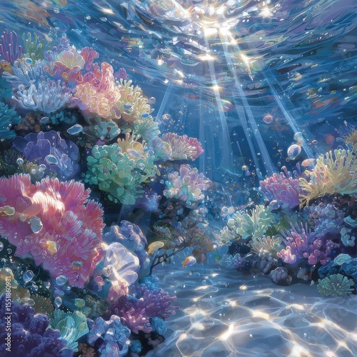 Vibrant coral reefs and diverse marine life are showcased in an underwater setting