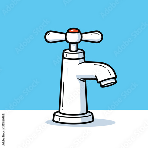 Cartoon Illustration of a Shiny White Water Faucet with a Red Accent on a Blue Background
