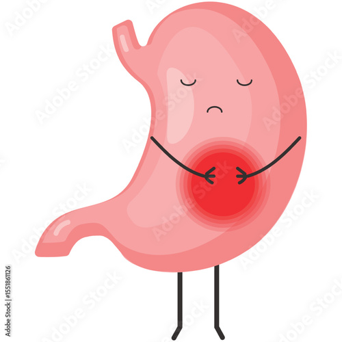 Stomach ache vector. Stomachache icon. Sad cartoon internal human digestive organ character feeling pain isolated on white background