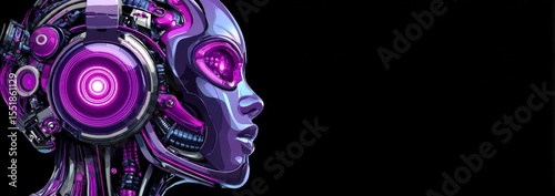 A robot or stock figure with a human-like face, an AI entity with a cybernetic body, exists within an abstract digital realm that features a neural network, and is depicted in a portrait of a young