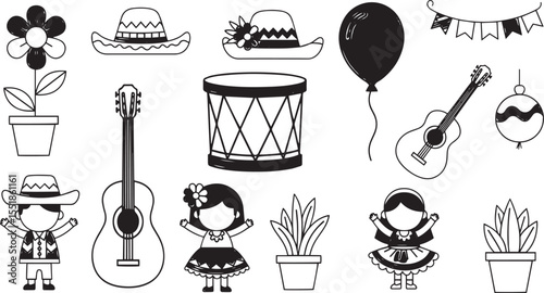 Vector art of festa junina party elements isolated on white background, featuring children in traditional costumes, musical instruments, and decorations