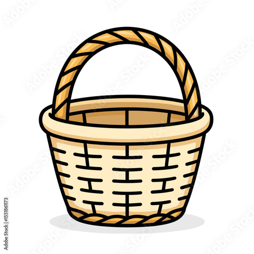 Cartoon Illustration of a Woven Wicker Basket with Handle for Storage and Decoration, Isolated on White Background