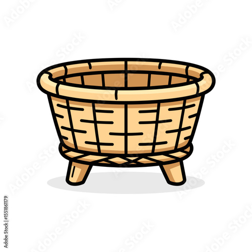 Empty Wicker Basket with Small Legs Cartoon Illustration for Storage and Decoration