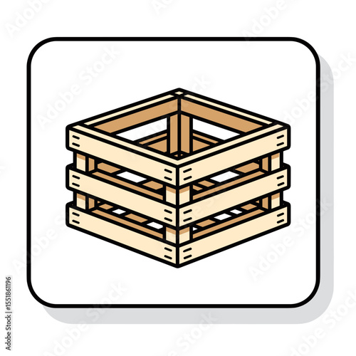 Isometric Illustration of a Simple Wooden Crate, Empty and Ready for Storage or Transport