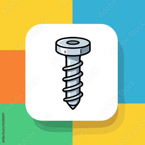 Illustration of a Metal Screw on a White Rounded Square on a Colorful Background, Construction Fastener