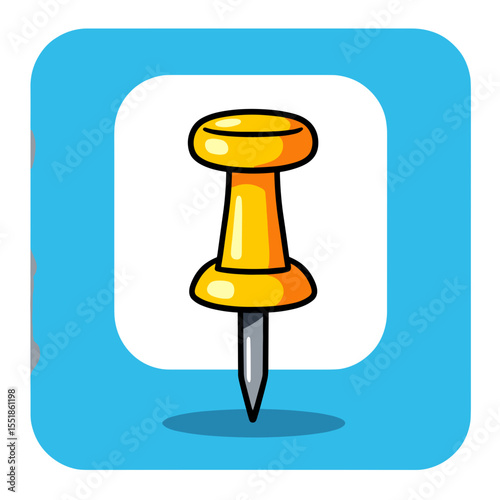 Vibrant Cartoon Illustration of a Yellow Push Pin on a Blue Rounded Square Background
