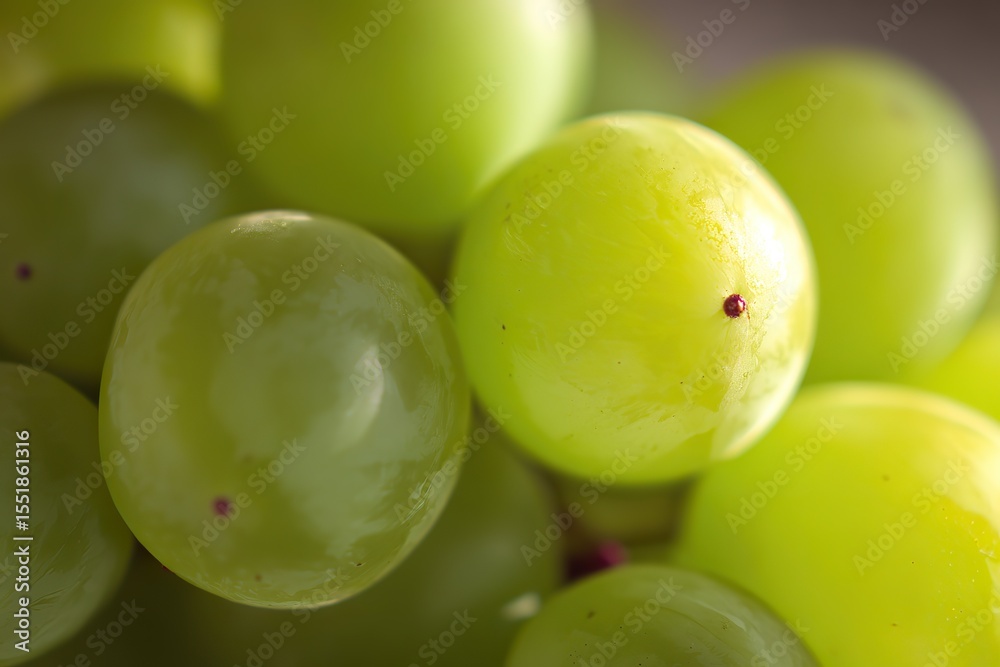 Obraz premium Close-up of green grapes with macro photography, shallow depth of field on green background, text area for advertising.
