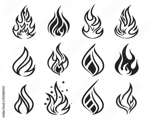 Classic Fire Icon Vector Set in Retro Tattoo Aesthetic. Black Flame Silhouettes for Heat Warnings, Motorcycle Graphics, Flammable Label Art, and Bonfire Symbol Designs.

