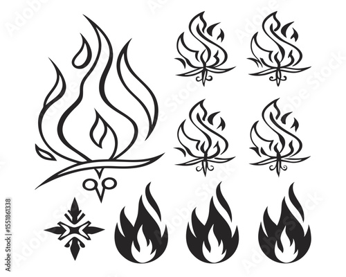 Fire Flame Vector Icons in Bold Tattoo Style. Retro Silhouettes for Flammable Label Designs, Motorcycle Graphics, Bonfire Symbols, and Heat Product Warning Signs.

