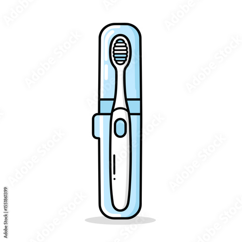 Cartoon Illustration of a White Electric Toothbrush in a Blue Protective Case for Travel and Hygiene