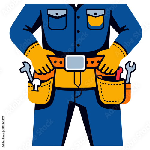Illustration of a Construction Worker or Repairman with Tools in a Tool Belt, Wearing Blue Overalls and Yellow Gloves