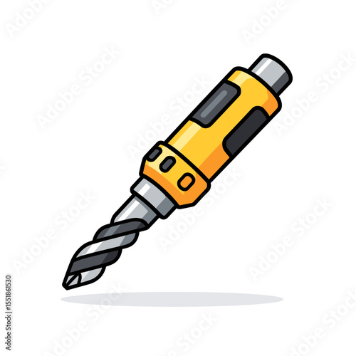 Cartoon Illustration of a Yellow and Gray Electric Drill with a Black and White Drill Bit