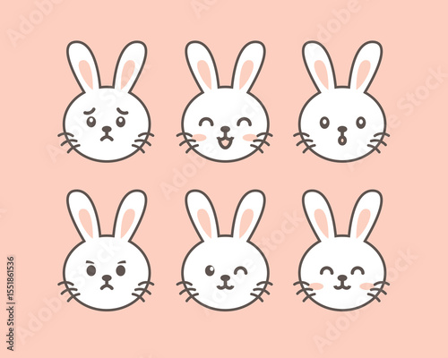 Cute Cartoon Bunny Emoticons Expressing Various Emotions on a Pastel Background