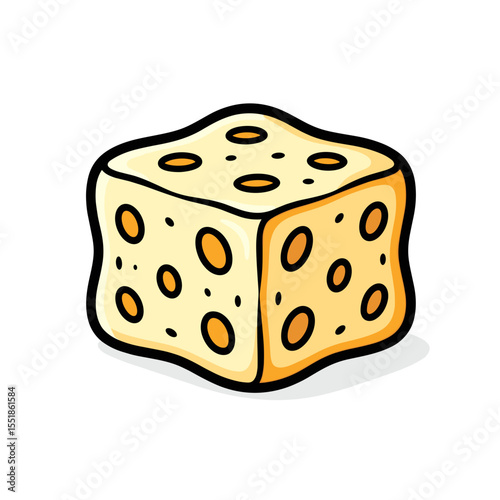 Cartoon Illustration of a Block of Swiss Cheese with Holes, Food Item for Kids