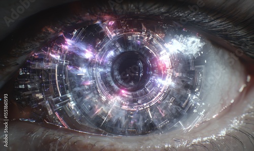 A human eye with sophisticated cybernetic upgrades is shown in close detail, representing cutting-edge vision technology of the future