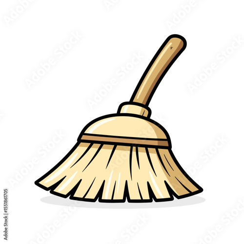 Cartoon Broom Illustration with a Wooden Handle and Straw Bristles for Cleaning Purposes