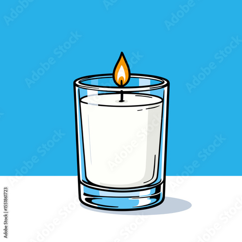 Illustration of a Lit Candle in a Glass Jar with Blue Background and White Table