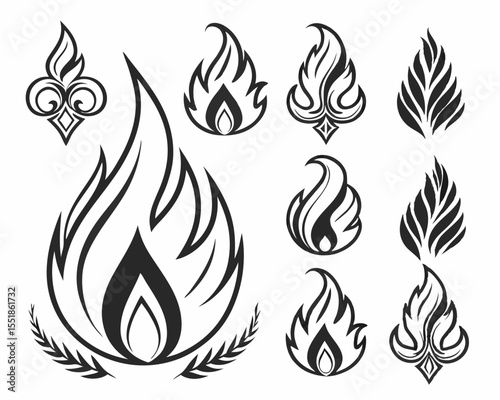 Set of Fire Icons in Vintage Tattoo Style Vector. Retro Flames in Black Silhouette for Fuel Product Graphics, Motorcycle Flames, Bonfire Symbols, and Heat Label Illustrations.

