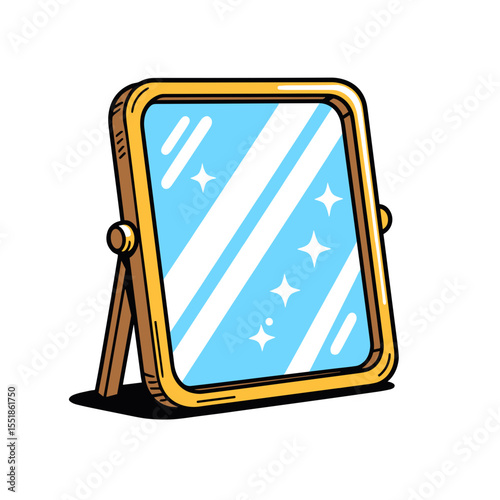 Cartoon Illustration of a Gold Framed Standing Mirror Reflecting Sparkling Light on a White Background