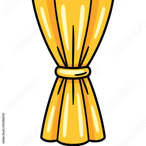 Illustration of a tied golden yellow curtain with black outline on a white background, simple and decorative