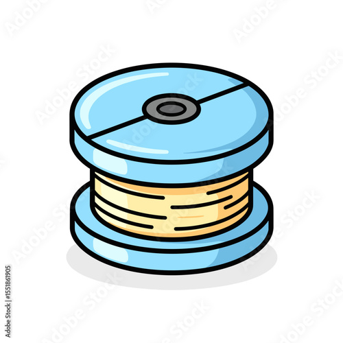 Cartoon Illustration of a Blue Spool of Thread with Yellow Yarn, Isolated on White Background