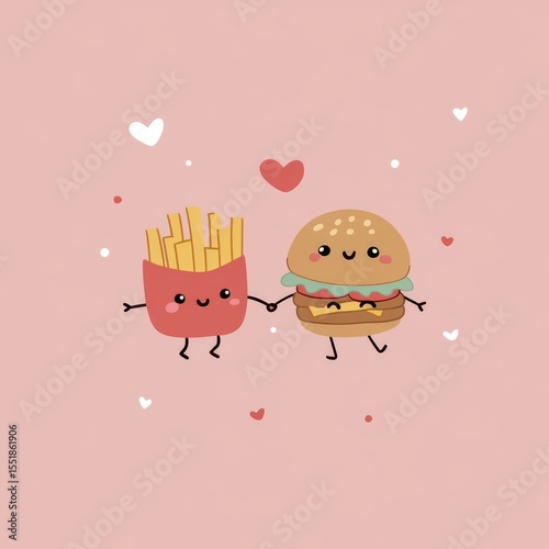 Retro illustration featuring a hamburger and french fries paired together, encircled by hearts