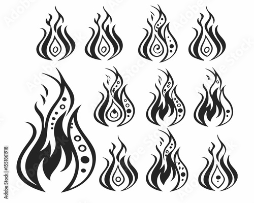 Fire Icon Set Vector in Old School Tattoo Aesthetic. Retro Flame Symbols for Hot Rod Graphics, Fuel Warning Labels, Bonfire Art, and Flammable Product Design.

