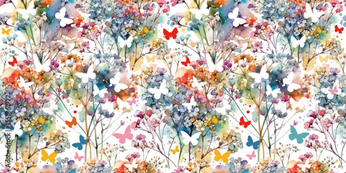 Seamless background of colored flowers with butterflies. hand drawn. Not AI, Vector illustration.