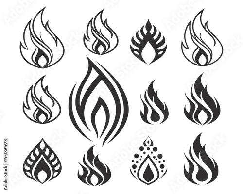 Classic Black Fire Vector Icon Set in Tattoo Style. Flame Silhouettes for Motorcycle Design, Fuel Warnings, Bonfire Graphics, and Flammable Liquid Product Symbols.

