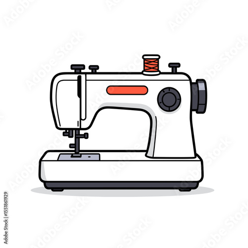 Illustration of a White Sewing Machine with Red Accents and a Spool of Thread, Black Outline