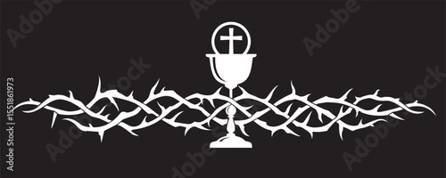 holy communion icon with chalice and thorn crown isolated on black background