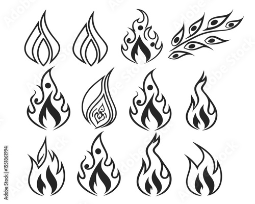Fire Vector Symbol Set in Old School Flame Style. Black Tattoo Aesthetic Silhouettes for Fuel Warnings, Motorcycle Flames, Bonfire Graphics, and Flammable Product Icons.

