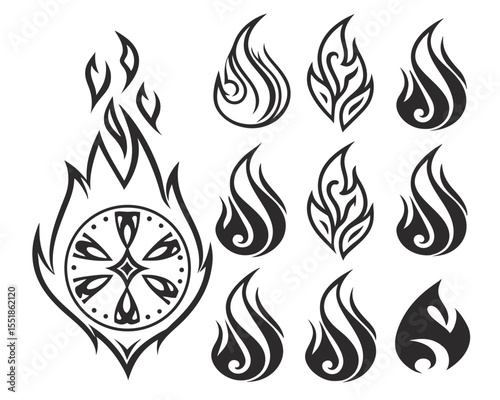 Vector Set of Classic Fire Silhouettes in Retro Style. Black Flame Icons for Flammable Products, Bonfire Warning Signs, Tattoo Graphics, and Motorcycle Flame Design Elements.

