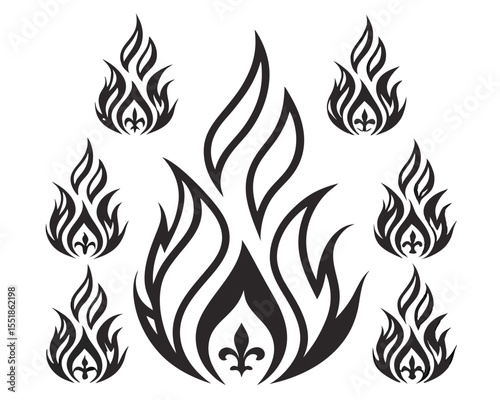 Vintage 90s Style Fire Icons in Vector Format. Black Silhouettes for Tattoo Graphics, Flammable Label Design, Bonfire Symbols, and Hot Product Warning Signs.

