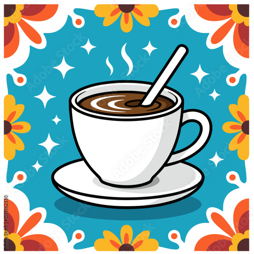 Illustration of a Steaming Cup of Coffee with Spoon and Floral Frame on Blue Background