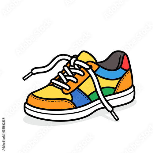 Vibrant Cartoon Sneaker with Colorful Patchwork Design and Untied Laces Illustration