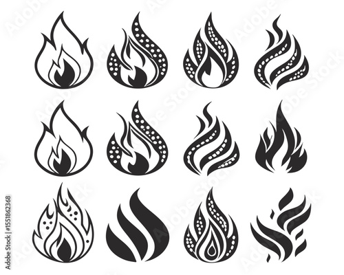 Fire Icons Vector Collection in 90s Tattoo Aesthetic. Bold Black Flame Silhouettes for Flammable Product Labels, Motorcycle Graphics, Bonfire Symbols, and Heat Warning Design.

