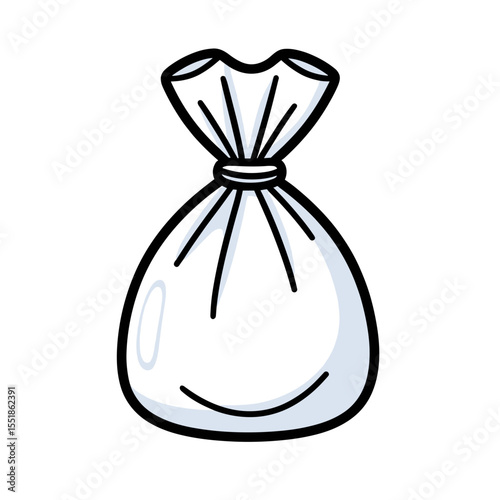 Cartoon Illustration of a Tied Plastic Bag, Simple Design with Black Outline and White Fill