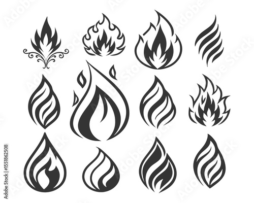 Vintage Tattoo Flame Silhouettes Vector Set. Bold Fire Icons in 90s Style for Hot Rod Graphics, Motorcycle Design, Fuel Warnings, and Flammable Product Label Illustrations.

