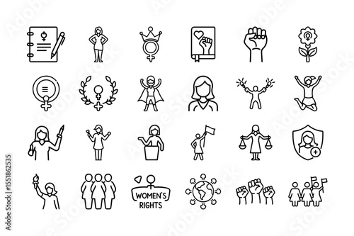 Feminist Line Icons – Women's Rights, Equality, Empowerment, Protest, Gender Justice, Female Power, and More Vector Illustration. Editable Stroke.