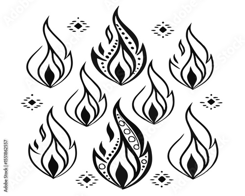 Set of Flame Icons in Retro 90s Tattoo Style. Vector Silhouettes in Black for Motorcycle Flames, Fuel Product Graphics, Bonfire Warnings, and Heat Hazard Symbols.

