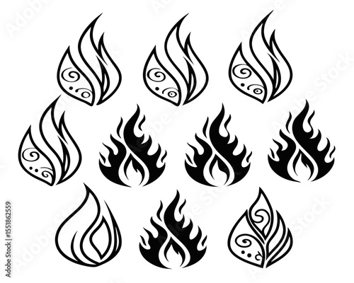 Black Fire Flame Vector Symbols Set. Classic Tattoo and Motorcycle Style Flame Icons for Flammable Product Labels, Heat Hazard Design, and Bonfire Symbol Vector Illustrations.

