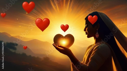Woman Holding Glowing Heart at Sunrise - A woman in flowing robes holds a luminous golden heart in her hands, surrounded by smaller red hearts against a breathtaking sunrise landscape.
