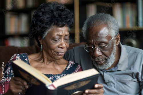Portrait of a tender afro-american couple in their 60s reading a book together