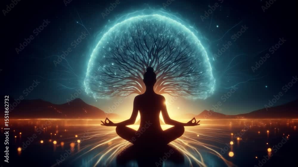 Serene Yoga Silhouette at Sunrise with Glowing Tree of Life - A silhouetted woman sits in a yoga pose before a luminous, otherworldly tree, bathed in the warm glow of sunrise.