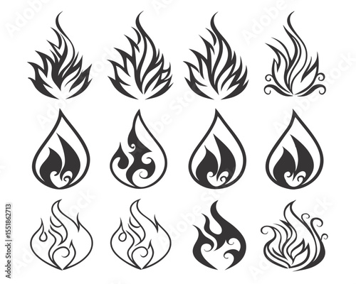 Vector Fire Flame Silhouettes in Bold Retro Style. Tattoo and Motorcycle Flame Graphics in Black Outline for Hot Products, Fuel Labels, and Flammable Substance Warning Symbols.

