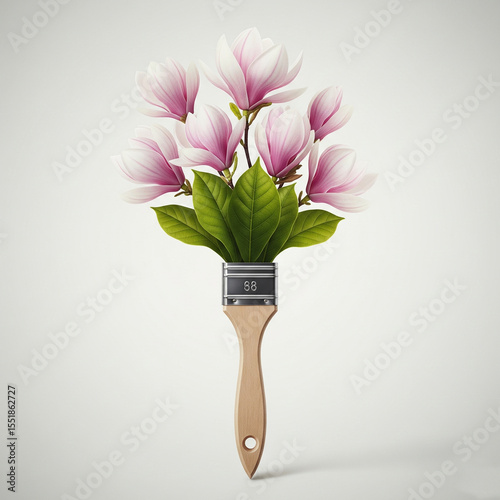A Minimal creative bouquet with flowers and paint brushes for paint. Minimal playful concept of spring and creativity. High quality photo