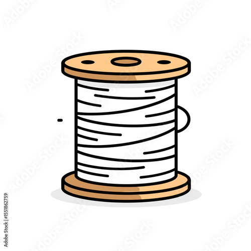 Illustration of a Wooden Spool with White Thread Wrapped Around, Sewing and Craft Concept