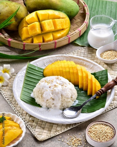 Photography Mango sticky rice is a Thai dessert made from sticky rice, mango and coconut milk